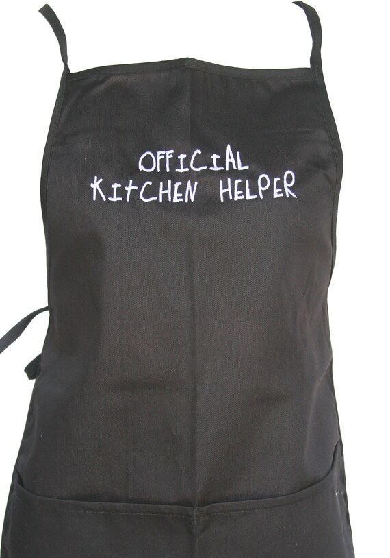 Official Kitchen Helper (Youth Apron with Pockets) Black with White Stitching