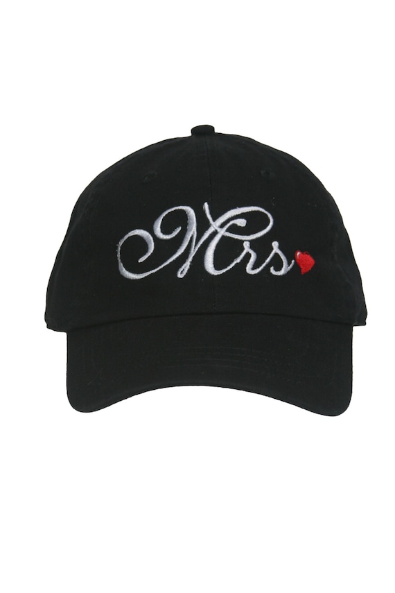 Mrs. for the Bride - Script with Red Heart - Ball Cap (Black with White Stitching)