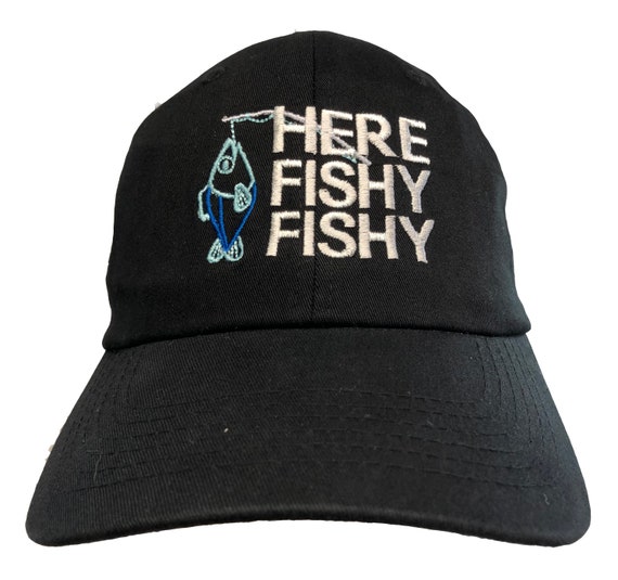 Here Fishy Fishy with fish and pole - Polo Style Ball Cap (Black or Khaki)