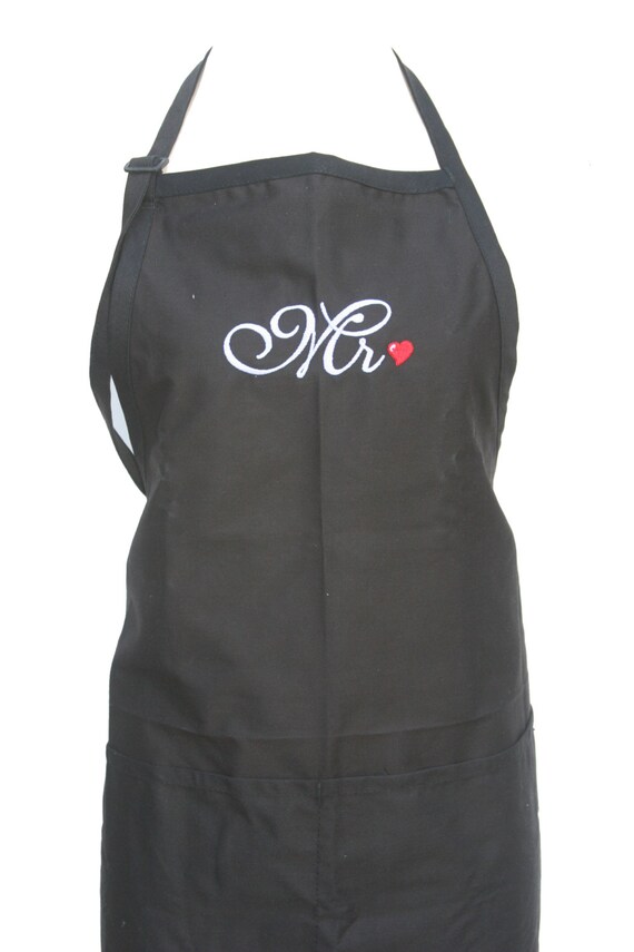 Mr & Mr. Set of Aprons for a couple of guys in Script with Heart (Adult Aprons for the Bridal Couple)