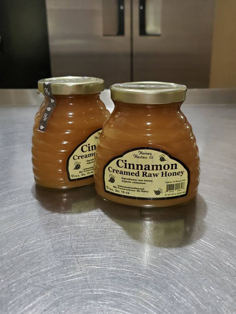 TWO Cinnamon Flavored Creamed Raw Honey Ohio Honey 12 Oz Glass Hive Jar