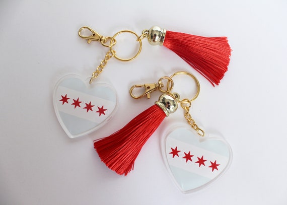 Chicago Heart Acrylic Keychain With Tassel and Gold Clip Gift Birthday  Ladies Red Blue White Flag Keyring Accessories Keys City Chi Stars 