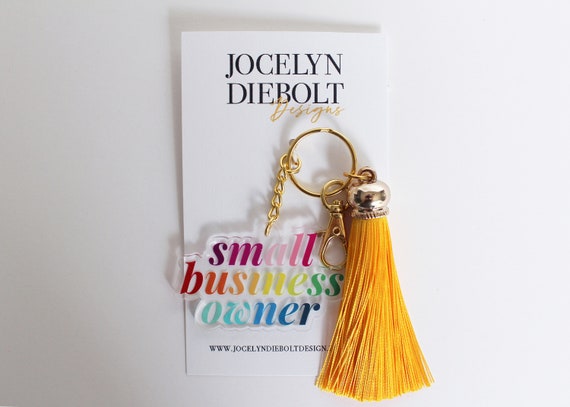 jocelyndieboltdesign Small Business Owner Acrylic Keychain with Tassel and Gold Clip | Gift Birthday  Seller Rainbow Yellow Clear Keyring Accessories Keys