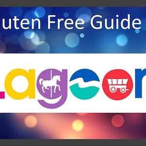 May include: Gluten Free Guide To Lagoon amusement park logo with a white background. The logo features the word "Lagoon" in colorful letters with a carousel horse, a wave, and a red wagon with white wheels.