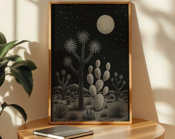 May include: Black and white desert landscape art print in a wooden frame. The artwork depicts a nighttime desert scene with cacti, a full moon, and stars. The print is displayed on a round wooden table with a notebook.