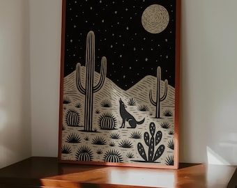 Desert Night Coyote Art Print | Boho Southwest Landscape