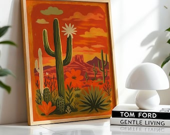 Wüste Sonnenuntergang Landschaft Wand Kunst | Südwestlichen Kaktus Malerei Druck | Warmen Erdton Boho Decor