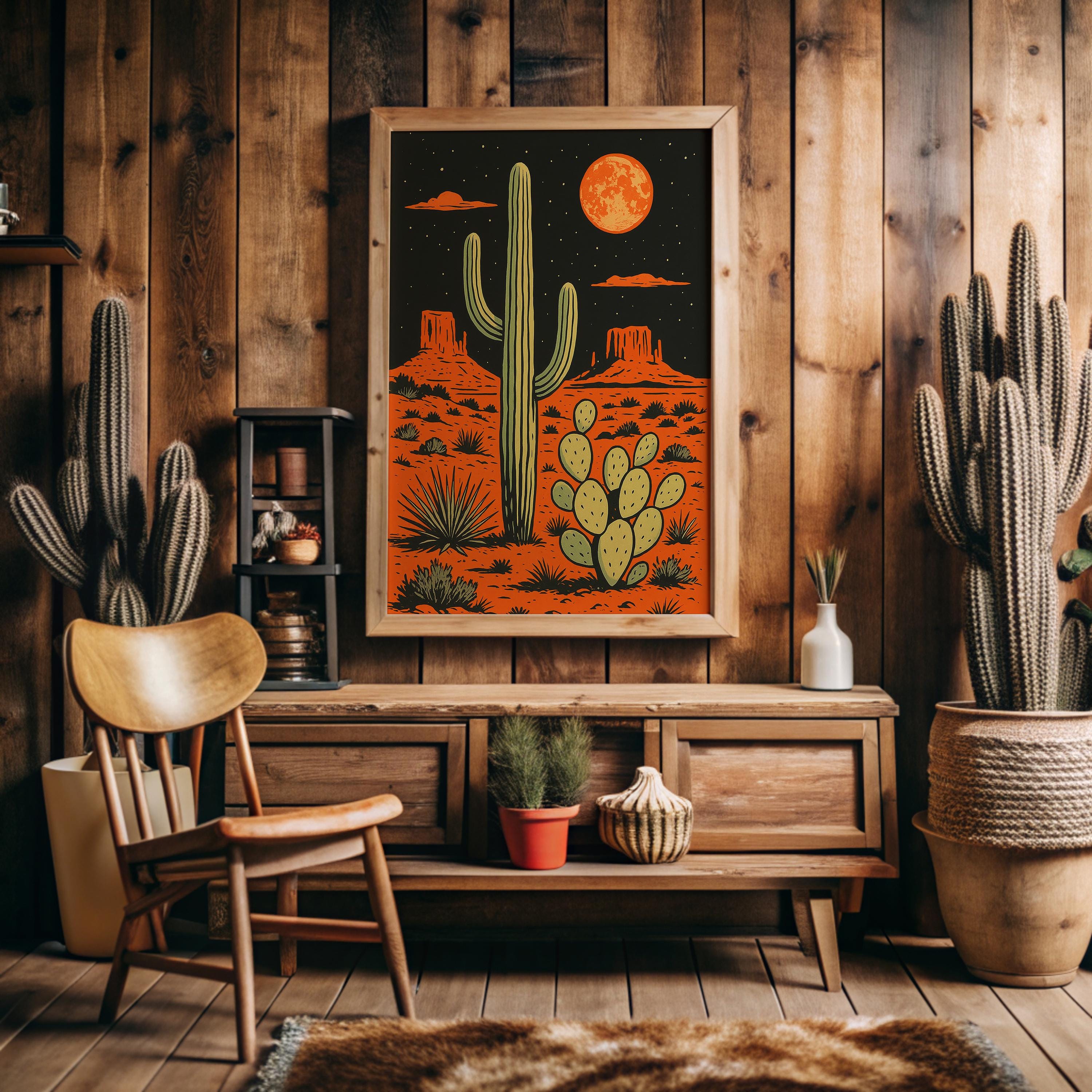 Vintage Desert Night Cactus Art Print | Retro Southwestern Wall Decor ...