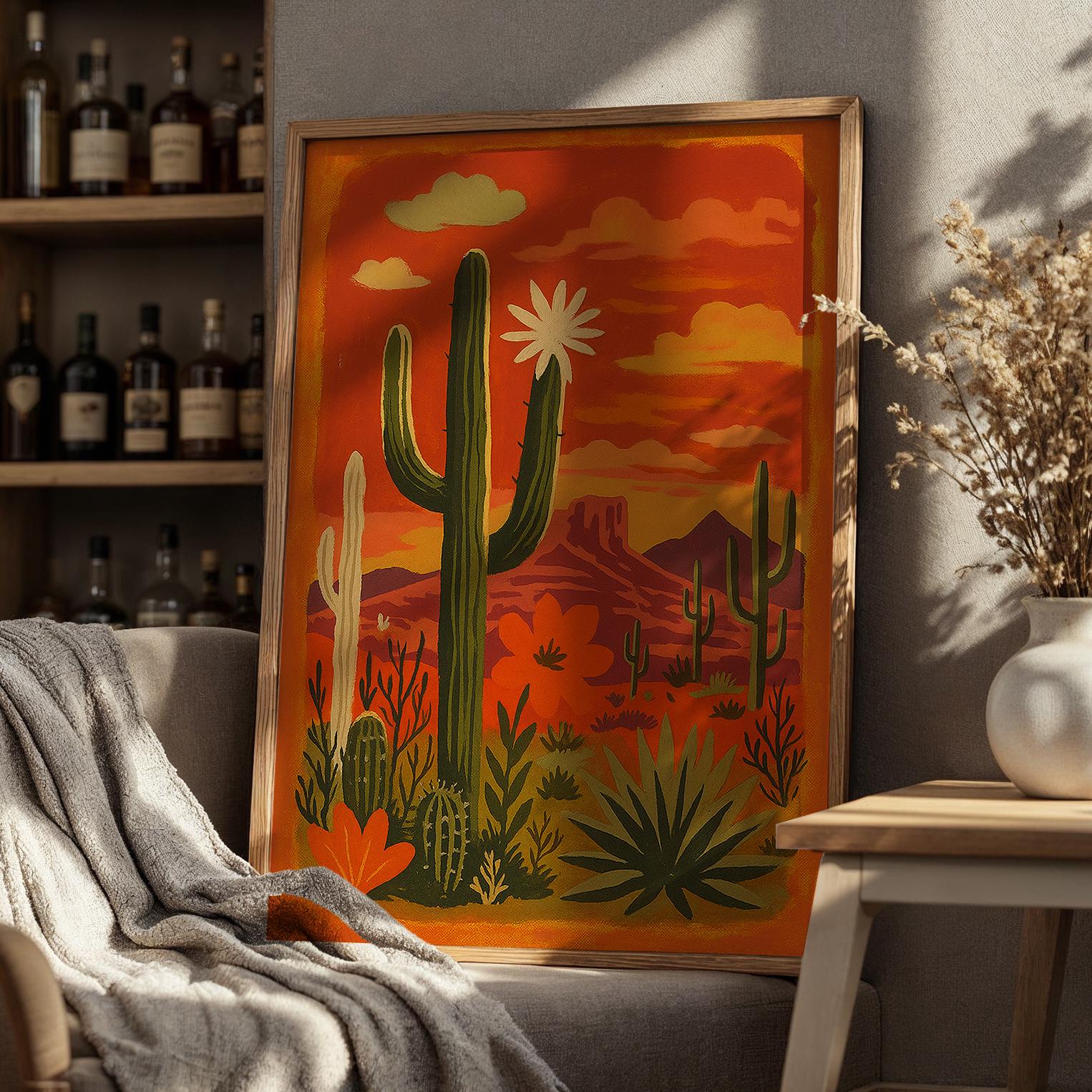 Desert Sunset Landscape Wall Art | Southwestern Cactus Painting Print ...