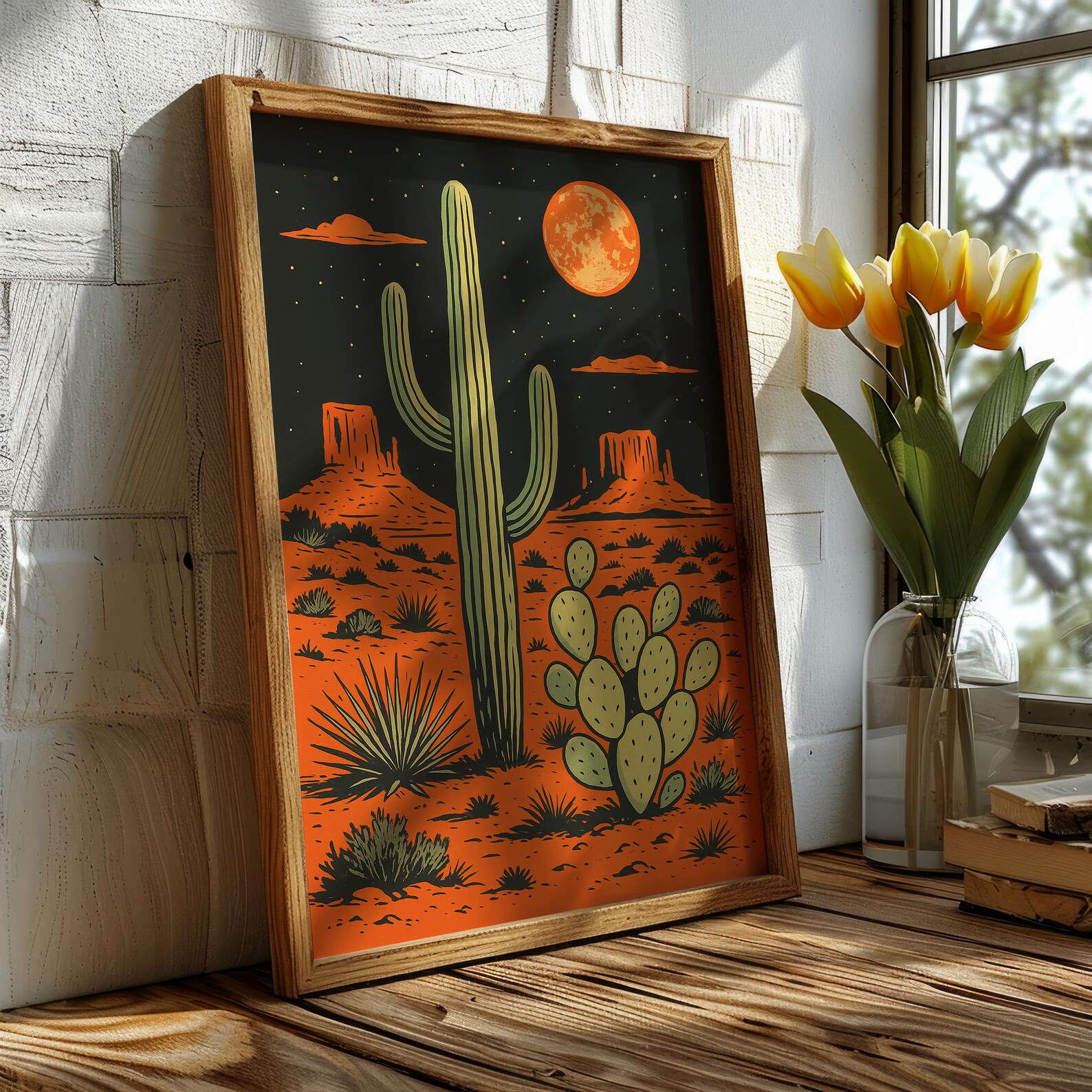 Vintage Desert Night Cactus Art Print | Retro Southwestern Wall Decor ...