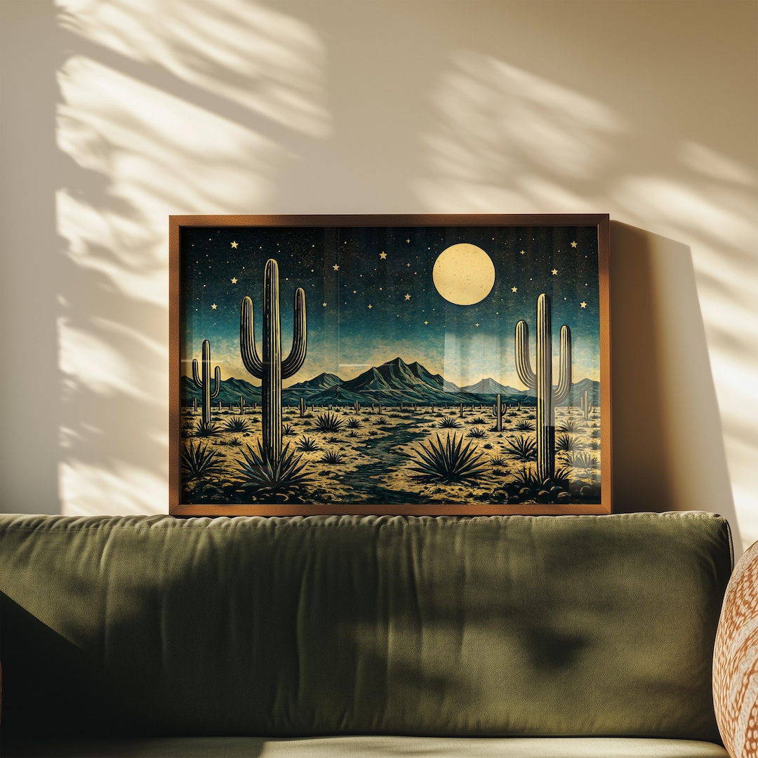 Vintage Southwestern Desert Night Landscape Art Print | Retro Western ...