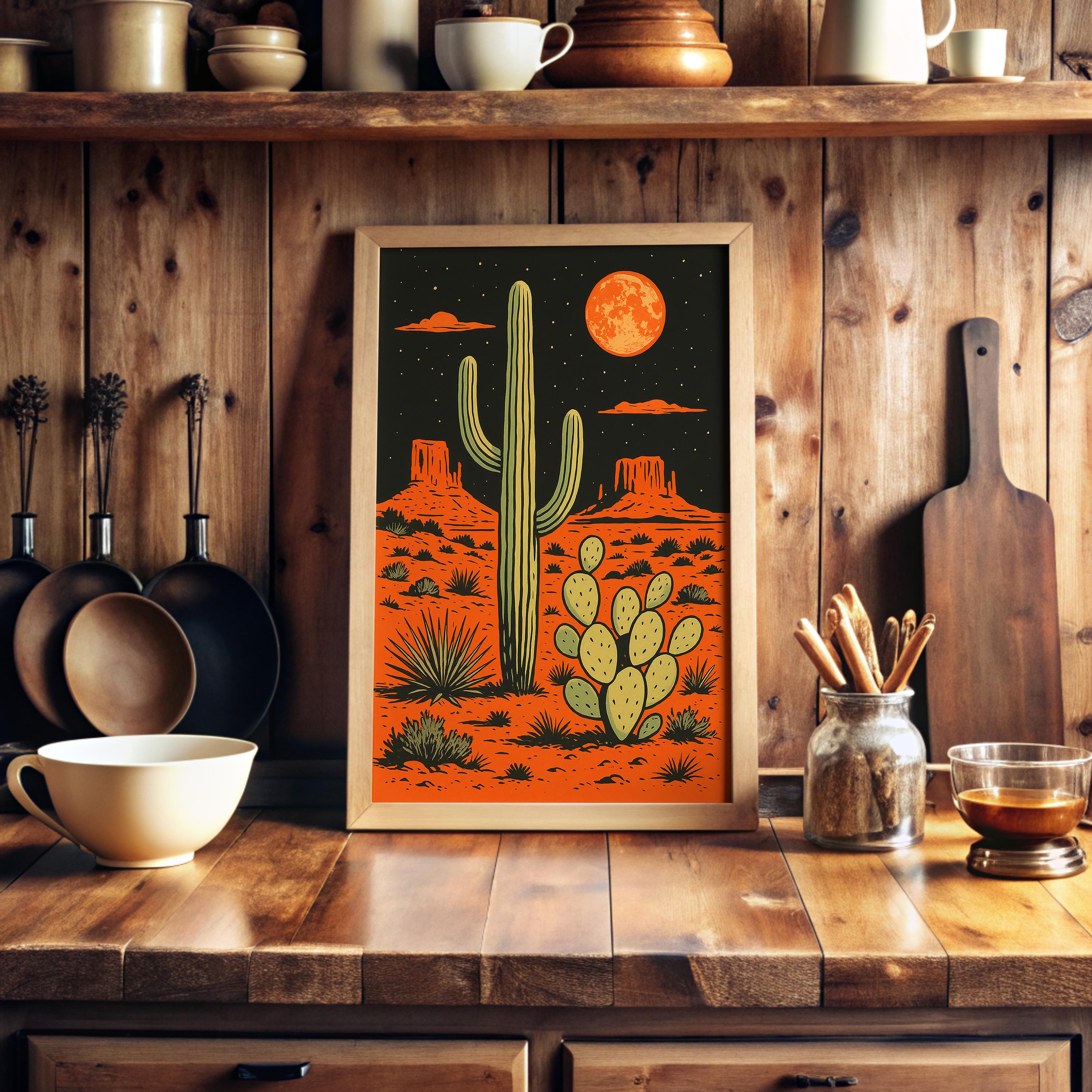 Vintage Desert Night Cactus Art Print | Retro Southwestern Wall Decor ...