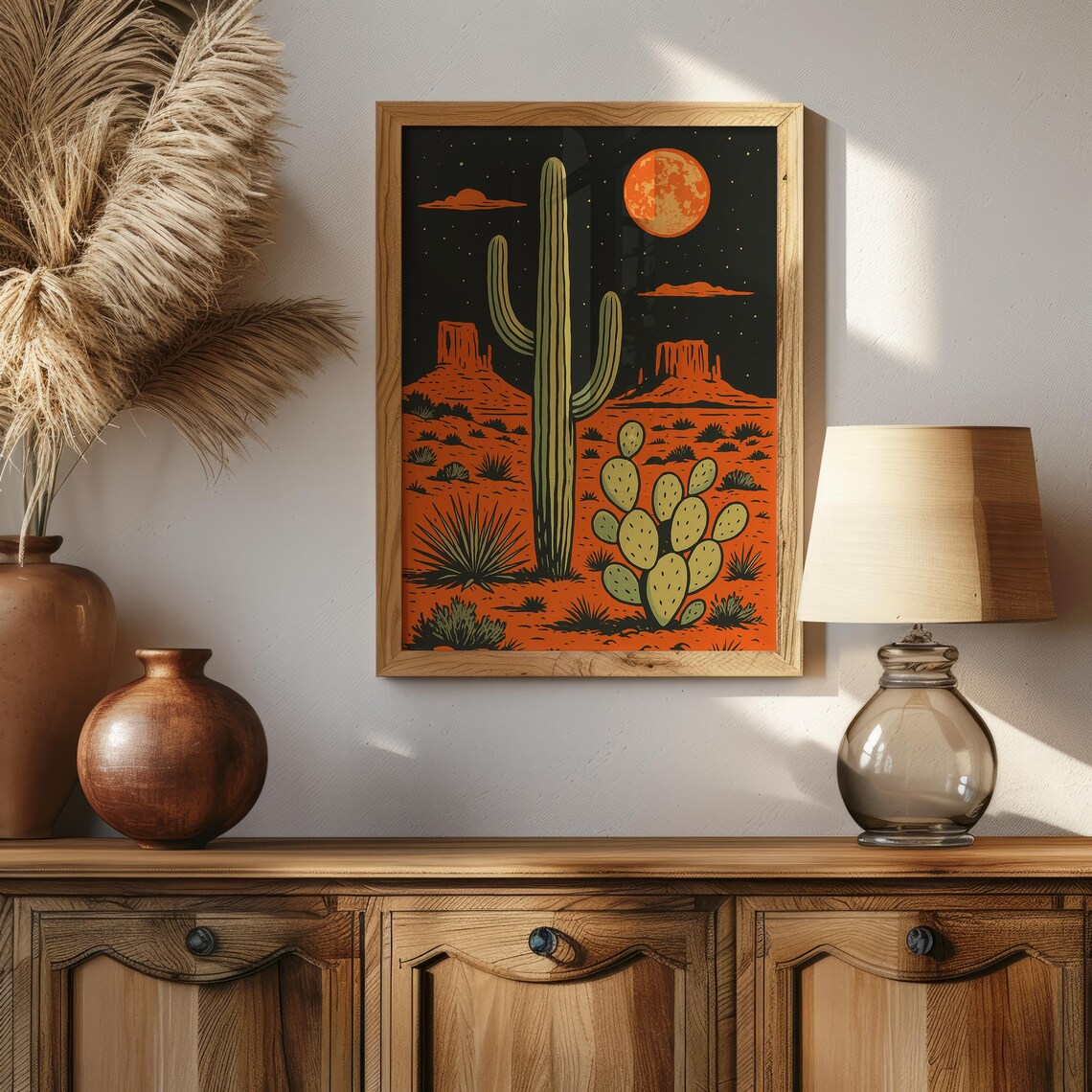 Vintage Desert Night Cactus Art Print | Retro Southwestern Wall Decor ...