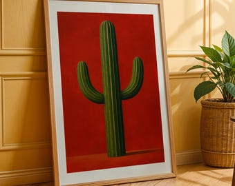 Saguaro Cactus Print | Bold Red Southwestern Desert Wall Art | Modern Boho Home Decor