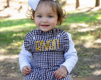 Girls Monogrammed Gingham Ruffle Longalls -  Personalized Toddler Overalls - girls gingham outfit - Boys Fall outfit - Toddler Fall overalls