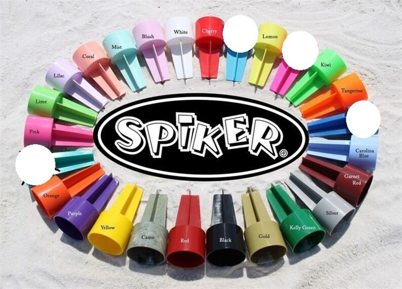 May include: A variety of colorful sand-filled drink holders, called "Spikers", are arranged in a circle on a sandy beach. The holders are made of plastic and have a variety of colors, including red, blue, green, yellow, orange, purple, pink, white, and black. The holders are labeled with their corresponding colors.