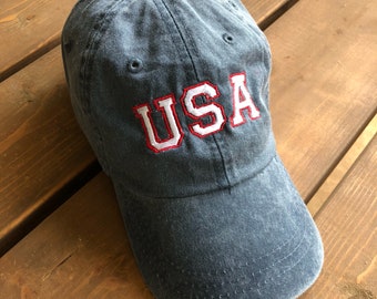 USA embroidered hat, Patriotic baseball cap, unisex Fourth of July hat, USA block letter embroidered hat, USA baseball hat, navy hat