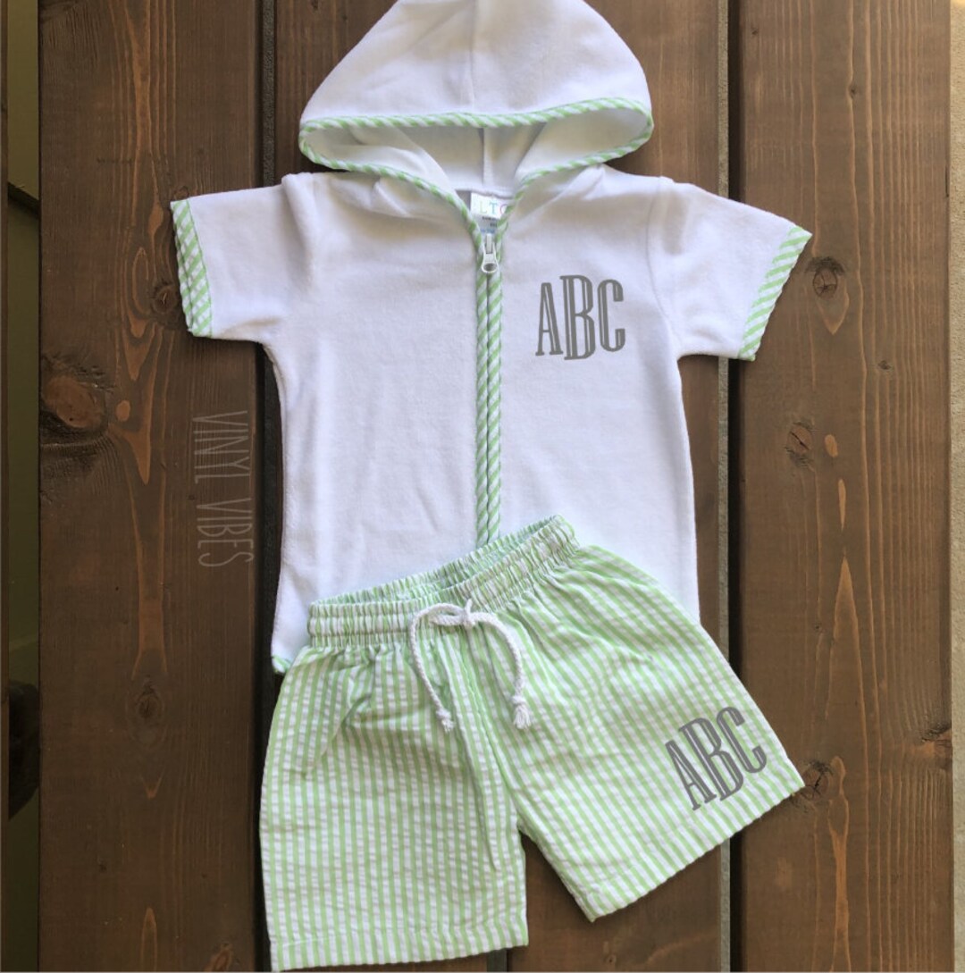 Toddler Monogram Seersucker Swim Trunks and Coverup, Personalized
