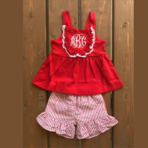 Monogrammed Girls 4 de julio traje, chicas seersucker traje, chicas 4 de julio traje, seersucker chicas 4 de julio