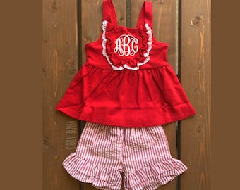 Monogrammed Girls Fourth of July outfit, girls seersucker outfit, girls fourth of July outfit, seersucker girls fourth of July