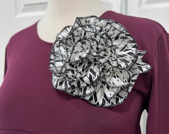 White and Black print  Large flower brooch