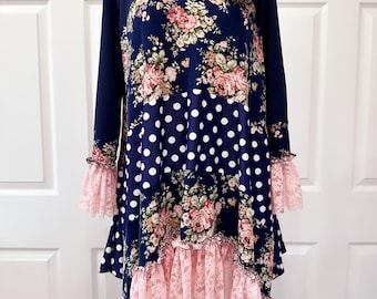 Navy floral polka dots tunic top