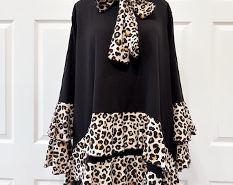 Black and animal print ruffle Tunic top