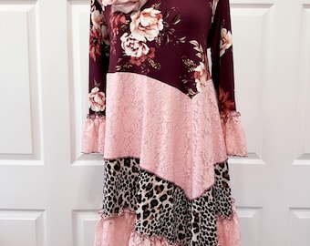 Burgundy floral and pink lace tunic top