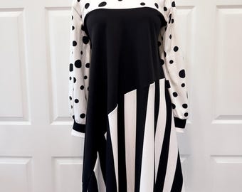 Black and White Polka Dots Stripes tunic Top