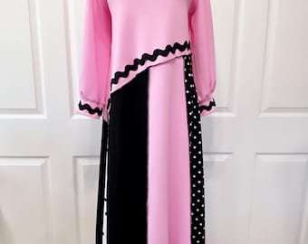 Pink Techno Crepe Dress with Polka Dot Accents, Customizable Length Patchwork