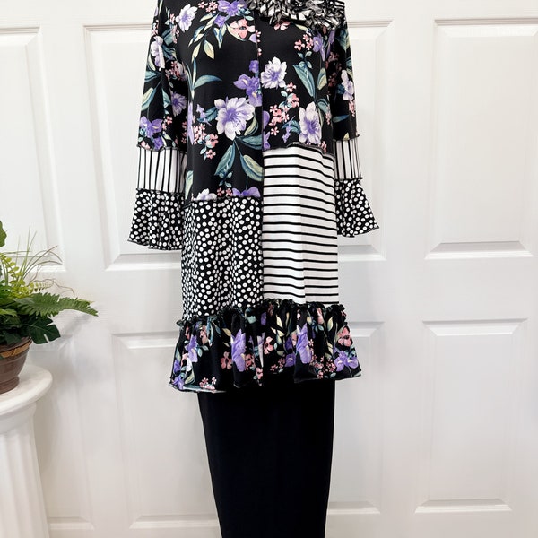 Purple floral tunic top stripes polka dots