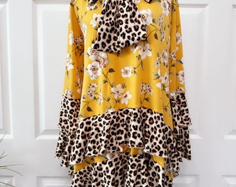 Mustard floral and leopard tunic top