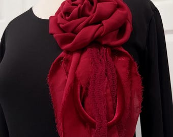 Red chiffon and lace Flower brooch