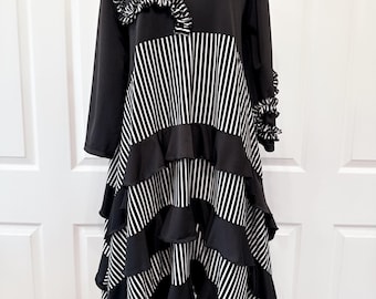 Stripes black and white ruffles tunic top