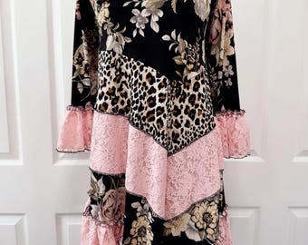 Black and pink floral lace tunic top