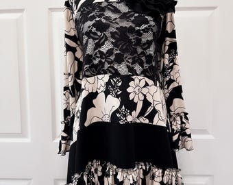 Cream black and white ruffles tunic top