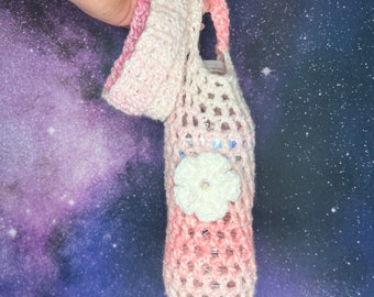 Pretty Pink Crochet Water Bottle Holder Bag