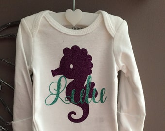 Seahorse Bodysuit, Personalized Onesie, Glittered Purple and Aqua