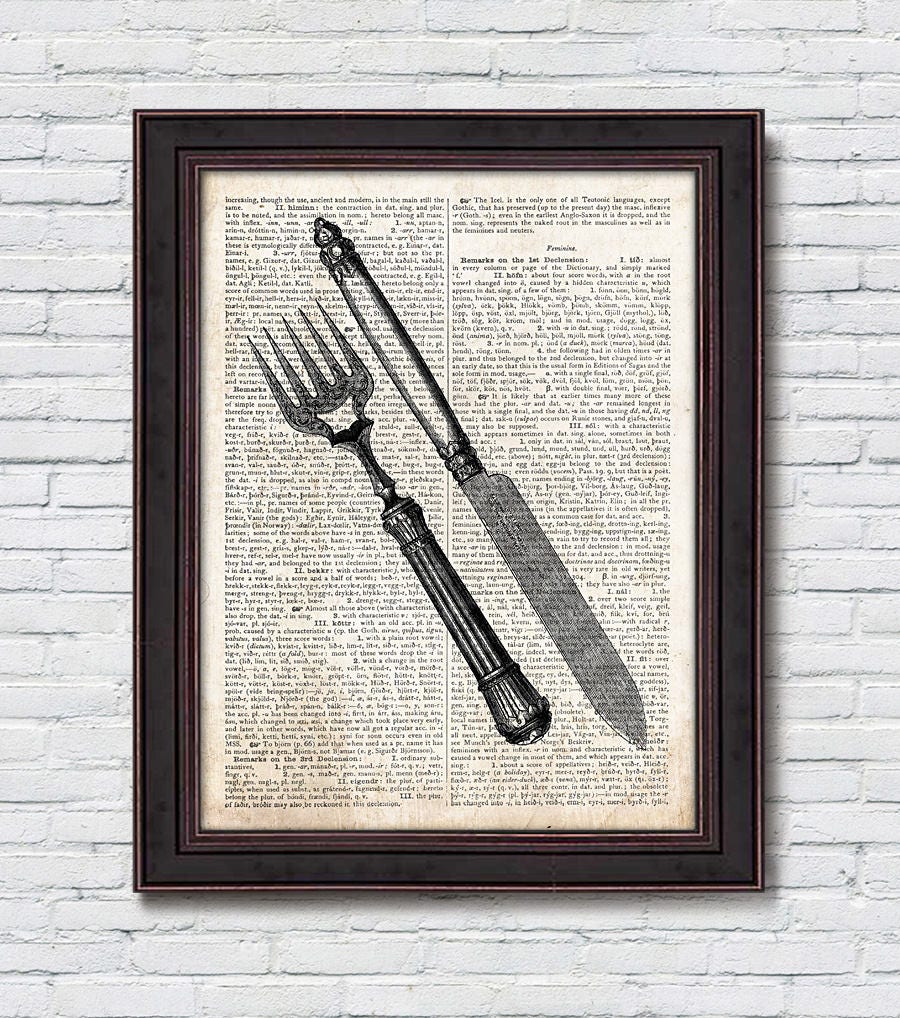 Knife Fork Dictionary Print Vintage Cutlery Kitchen Wall Etsy