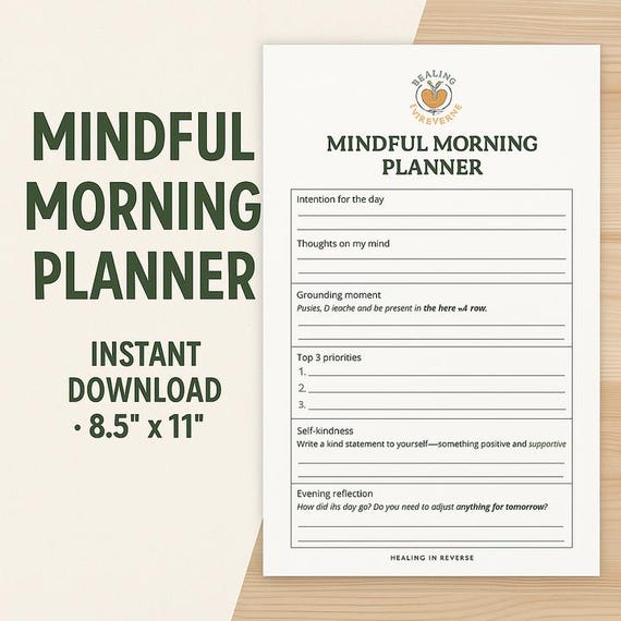 Mindful Morning Planner, Daily Mental Health Journal, Self-Care Printable, Digital Download, Anxiety and Mindfulness Planner