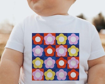 Rainbow Checkers with Daisies T-shirt for Baby and Toddler. Retro Rainbow Checkers Tee for Baby and Toddler. Rainbow Checkers Toddler Tee