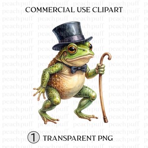 May include: A digital illustration of a green frog wearing a black top hat and a black bow tie, holding a thin wooden walking cane. The text COMMERCIAL USE CLIPART is at the top, and the number 1 inside a circle with TRANSPARENT PNG is below.