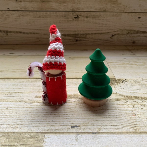 Wooden Pine Tree with Candy Cane Peg Doll Waldorf Montessori Inspired Toy Nature Table Seasonal Winter