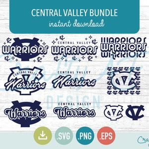 May include: A digital download bundle of nine different designs featuring the words "Central Valley Warriors" in various styles and colors. The designs include a retro-style logo, a script font, and a repeated pattern of the school's mascot.