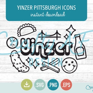 K&ouml;nnte beinhalten: Schwarz-wei&szlig;e Vektorillustration von Pittsburgh-Symbolen, darunter eine Gurke, ein Brezel, eine Br&uuml;cke, ein Pierogi, eine Ketchupflasche und ein Smiley. Das Wort "Yinz" ist in einer Retro-Schrift geschrieben.