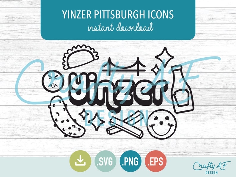 K&ouml;nnte beinhalten: Schwarz-wei&szlig;e Vektorillustration von Pittsburgh-Symbolen, darunter eine Gurke, ein Brezel, eine Br&uuml;cke, ein Pierogi, eine Ketchupflasche und ein Smiley. Das Wort "Yinz" ist in einer Retro-Schrift geschrieben.