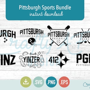 Puede incluir: Archivos de diseño digital en blanco y negro para fanáticos de los deportes de Pittsburgh. Los diseños incluyen las palabras "BURGH", "YINZ", "YINZER", "412", "PGH" y "PITTSBURGH" con varios iconos relacionados con los deportes.