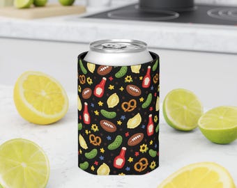 Pittsburgh Tailgate Pattern Can Cooler | Football, Pretzels, Pickles, Ketchup