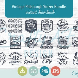 Könnte beinhalten: Eine Sammlung von Designs im Vintage-Stil in Schwarz und Weiß zum Thema Pittsburgh. Enthält Logos mit Texten wie "Steel City", "Yinzer Brew" und "Fries on Everything". Sofortiger Download verfügbar.