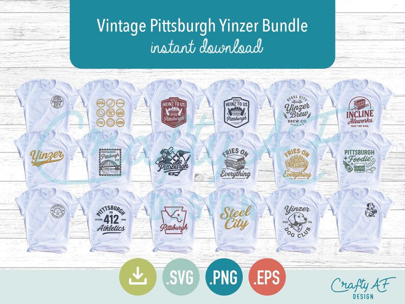 May include: A collection of white t-shirts with various Pittsburgh-themed designs. The shirts feature text and graphics such as "Yinzer," "Steel City," and "Fries on Everything." The image also includes the text "Vintage Pittsburgh Yinzer Bundle instant download."
